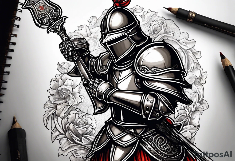 knight holding a bible over his head in combat tattoo idea