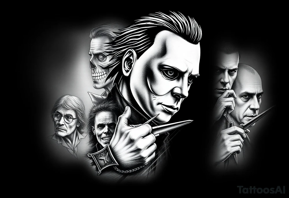 Horrormovie icon Michael Myers. I want the other horror movie icons to be filler behind Michael Myers tattoo idea