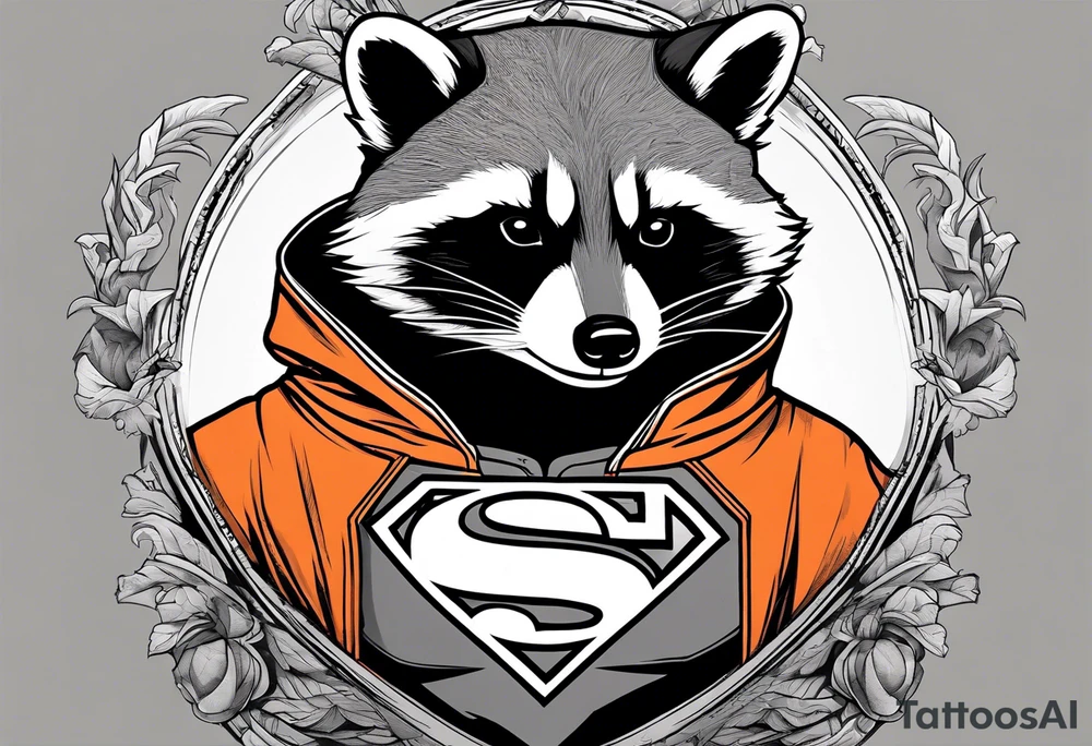 Raccoon wearing an orange Superman hoodie tattoo idea