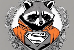 Raccoon wearing an orange Superman hoodie tattoo idea