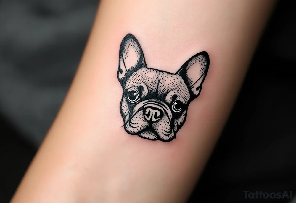 Tiny French Bulldog tattoo behind the ear, minimal dotwork in black and gray showing only the head and ears. tattoo idea