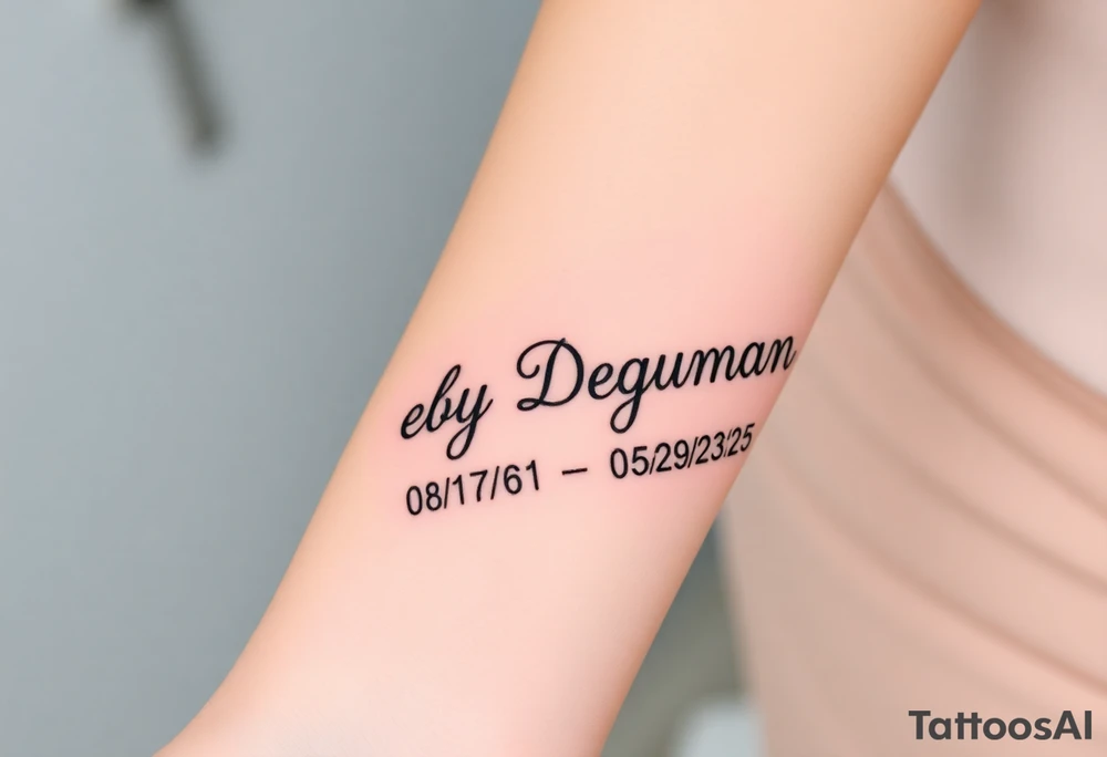 Tattoo of the exact name Debby Deguzman in chunky curly cursive with the exact dates of 08/17/61-05/29/25 surrounded by 1 hummingbird and 1 rose tattoo idea