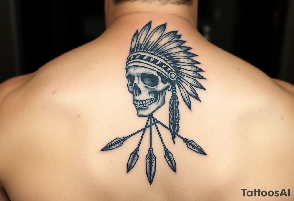 Native American skull with head dress and arrows below tattoo idea