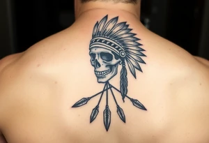 Native American skull with head dress and arrows below tattoo idea