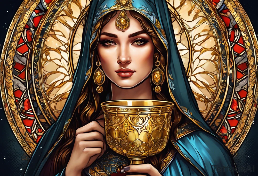 woman saint holding chalice surrounded by golden halo portrait tattoo idea