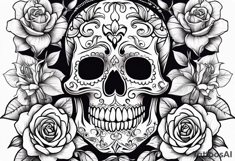 Sugar skulls with lilies and roses on leg tattoo idea