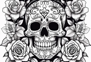 Sugar skulls with lilies and roses on leg tattoo idea