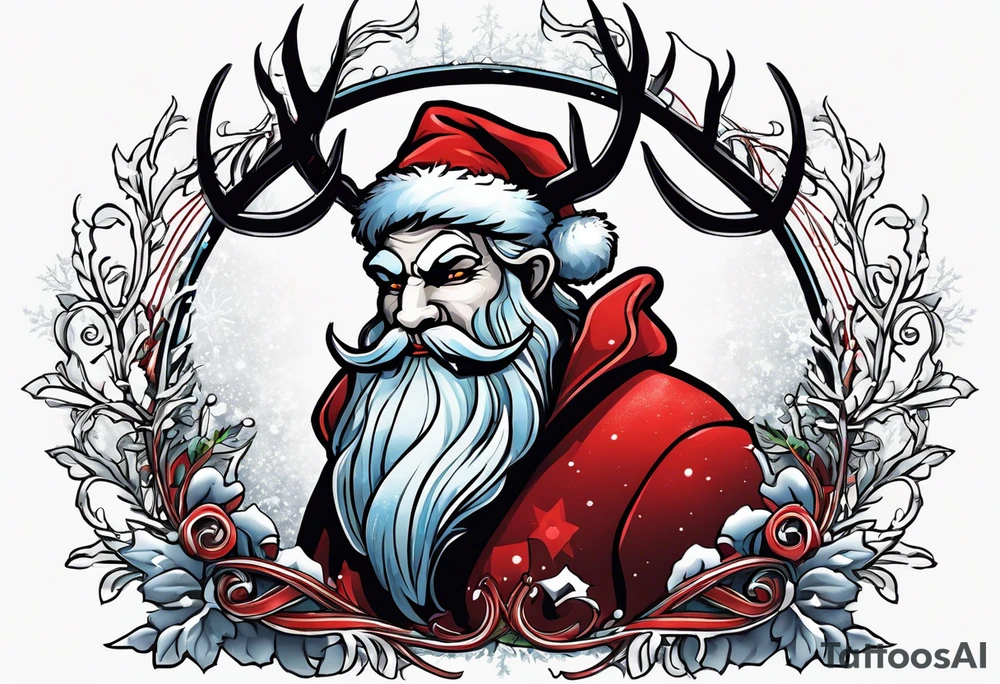 There will be a rope going down from it 
To which Santa Claus's sleigh is tied, but in the sleigh with reindeer there will be a krampus instead of a grandfather and they will be surrounded by a large snowflake tattoo idea