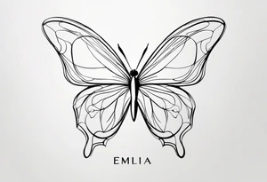 A minimalist butterfly tattoo incorporating the name Emilia in a subtle way tattoo idea