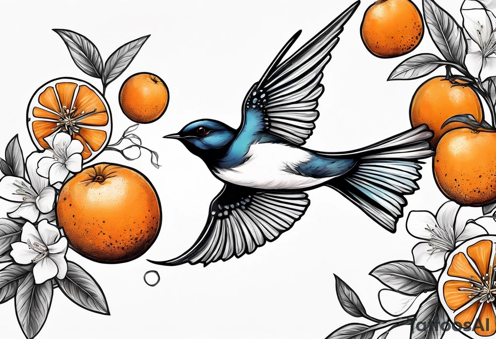 swallow flying away from an orange blossom branch tattoo idea