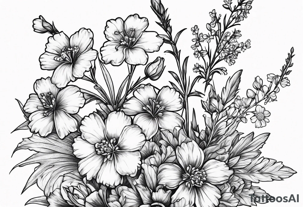 Small, simple sketched bouquet of larkspur, stemmed carnation, stemmed violet, stemmed daisy  bouquet tattoo idea