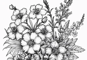Small, simple sketched bouquet of larkspur, stemmed carnation, stemmed violet, stemmed daisy  bouquet tattoo idea