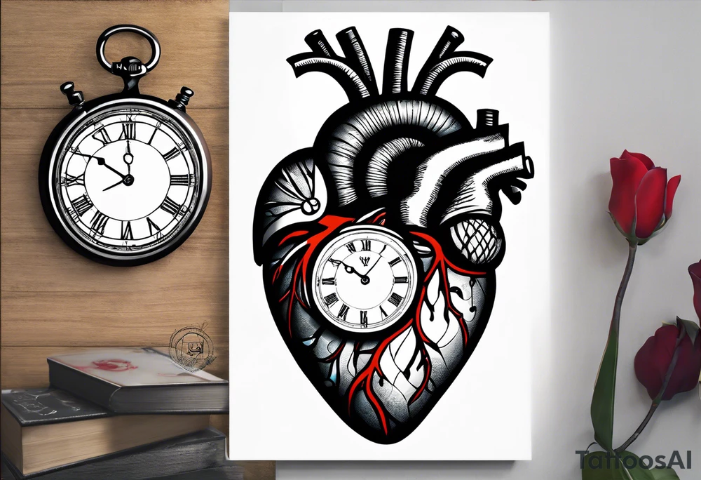anatomical heart with clock in middle.
Clock hands on 8 and 5.
Never Say Never written on tattoo tattoo idea