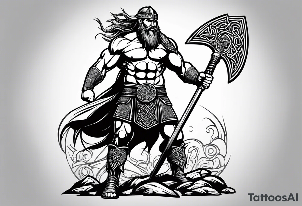 Side full body shot of Celtic warrior with sword in left hand and axe in right hand. tattoo idea