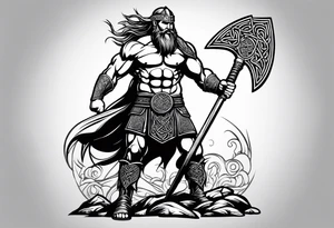 Side full body shot of Celtic warrior with sword in left hand and axe in right hand. tattoo idea