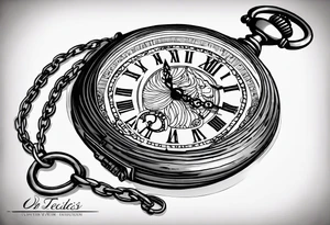 An old pocket watch with chains. The Roman numerals showing the time one thirtyseven. The lid of the watch must have the zodiac sign Aries engraved on it tattoo idea