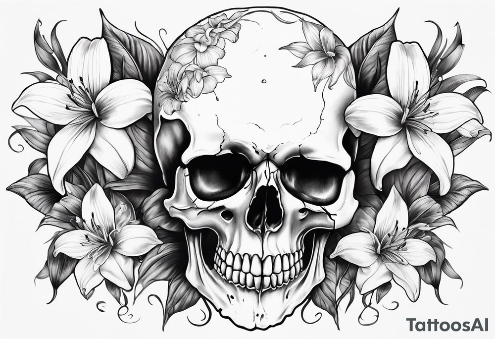 black and white skull with lilies intricate detail tattoo idea