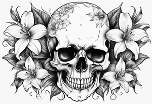 black and white skull with lilies intricate detail tattoo idea