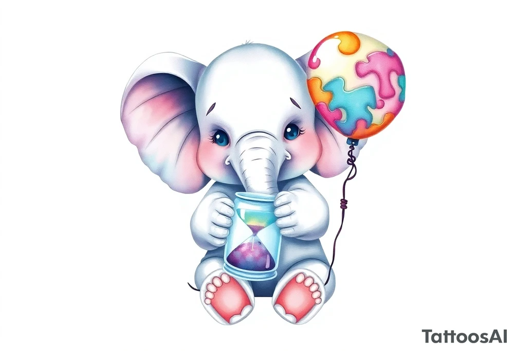 Baby elephant holding autism puzzle balloon holding hour glass tattoo idea
