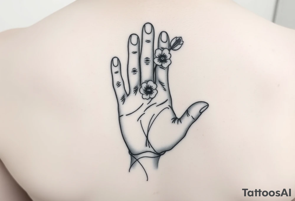 Baby hand print, Freya, 25.07.2024, larkspur flower tattoo idea