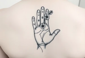 Baby hand print, Freya, 25.07.2024, larkspur flower tattoo idea