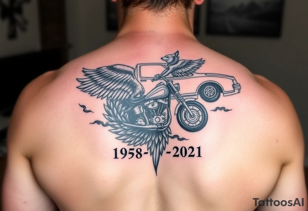 Dale Earnhardt car on it with the year 1958 - 2021 intertwined with a motorcycle on it with guardian angel wolves tattoo idea