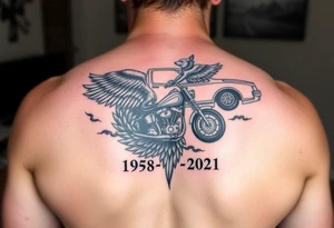 Dale Earnhardt car on it with the year 1958 - 2021 intertwined with a motorcycle on it with guardian angel wolves tattoo idea