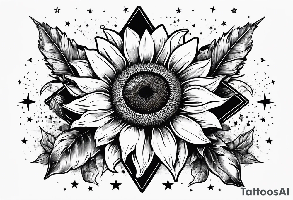 sunflower surrounded with little stars, tree and arrow tattoo idea