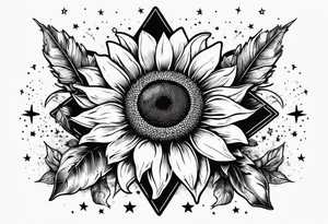 sunflower surrounded with little stars, tree and arrow tattoo idea