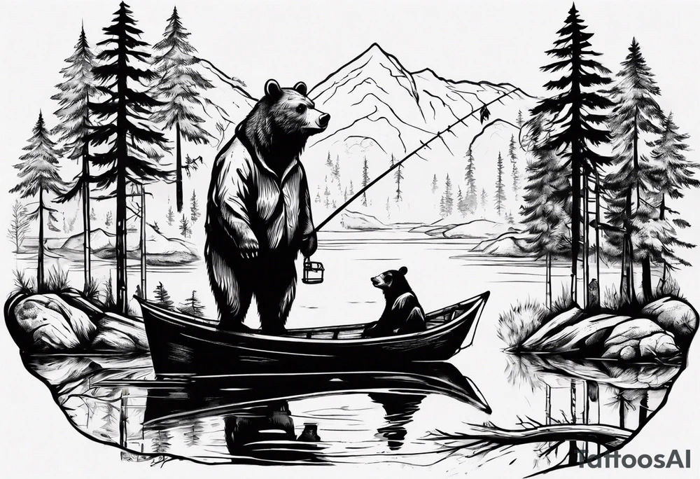 bear, forest, lake, small man on a fishing boat, appalachia, arm sleeve tattoo tattoo idea