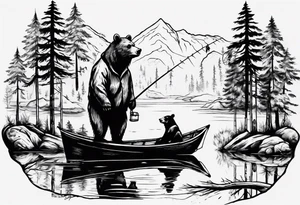 bear, forest, lake, small man on a fishing boat, appalachia, arm sleeve tattoo tattoo idea