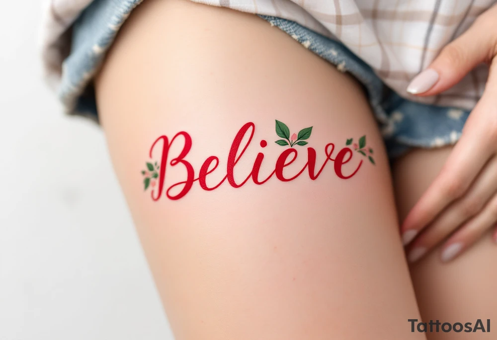 "Believe" in vibrant red with floral accents in soft pink and green, representing growth and perseverance. tattoo idea