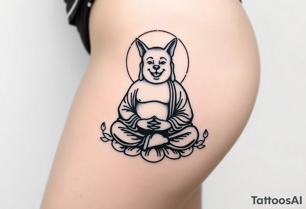 Meditating fat Buddha with happy dog head tattoo idea