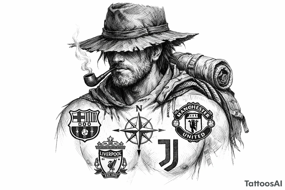 Surreal traveler portrait, club crests marking the cardinal directions on their skin. tattoo idea