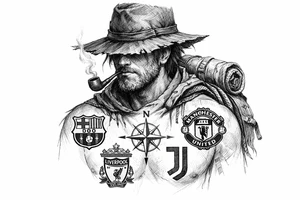 Surreal traveler portrait, club crests marking the cardinal directions on their skin. tattoo idea