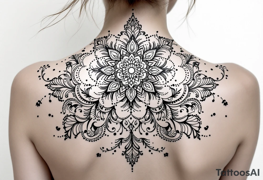 full back tattoo design with symmetrical ornamental patterns, combining dotwork, mandala elements, and flowing lines that follow the natural curves of the body. The design is intricate and balanced.” tattoo idea