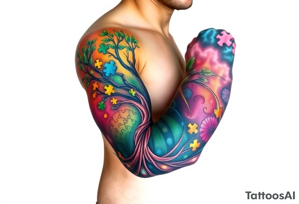 left arm full sleeve to support autism awareness full color and completed filled also include a tree with the autism puzzle as leaves to start the sleeve tattoo idea