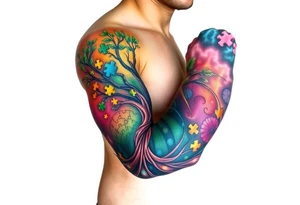 left arm full sleeve to support autism awareness full color and completed filled also include a tree with the autism puzzle as leaves to start the sleeve tattoo idea