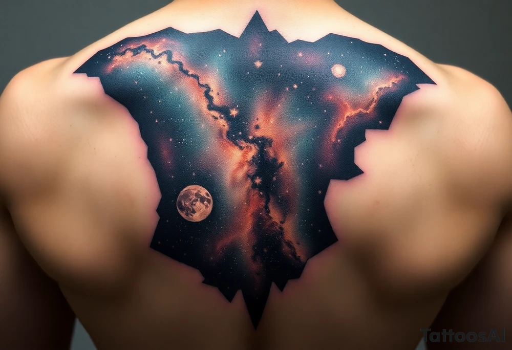 Beautiful and epic 3d milky way that appears to be what is beneath the skin. Make it drape over the shoulder and move to the middle back. use negative spaces to create stars and dust. Incorporate God breathing life into the universe. Keep it symmetrical tattoo idea