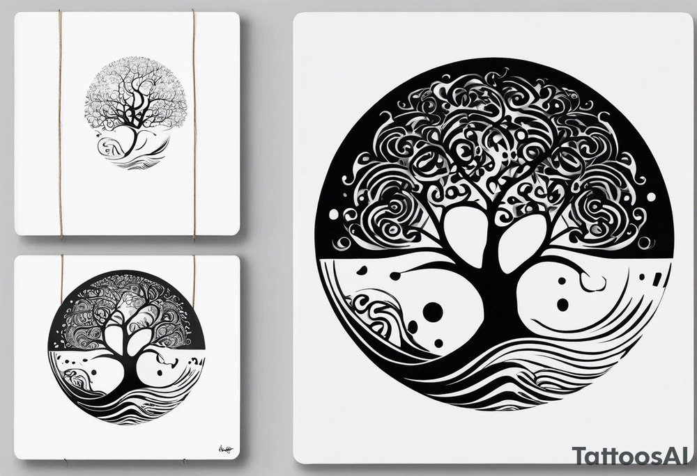 an abstract Tree of life tattoo design. Black and white. It should have roots growing out of the bottom. The roots slowly transform into water waves from the great wave by Hokusai. A golf ball should be placed discreetly. Like in the place of a moon. 2 license plate tags should be hanging from the tree. Place a few music notes. The letters A U should be engraved into the tree trunk in a heart tattoo idea