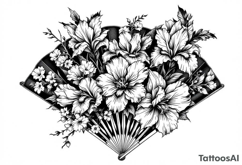 Irises flowers and cherry blossom on a fan tattoo idea