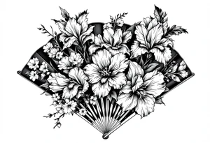 Irises flowers and cherry blossom on a fan tattoo idea