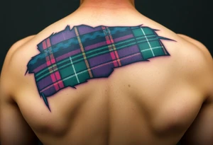Tattoo on shoulder Dark Purple with green pink blue and white highlights tartan fabric 
with skin ripping away at edges tattoo idea