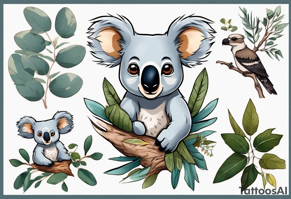 A koala with a kookaburra with eucalyptus leaves and wattle leaves tattoo idea