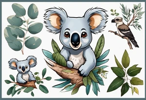 A koala with a kookaburra with eucalyptus leaves and wattle leaves tattoo idea