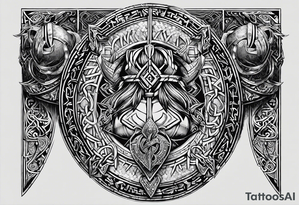 Viking theme in a half circle going from under the pectoral muscle to the hip. like Baldur from God of War 4. Stippling shading and runes. tattoo idea