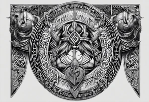 Viking theme in a half circle going from under the pectoral muscle to the hip. like Baldur from God of War 4. Stippling shading and runes. tattoo idea