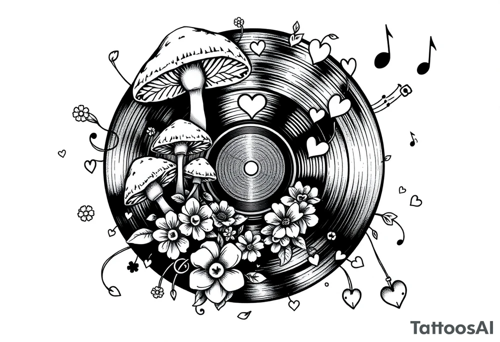 vinyl record with mushrooms, flowers, hearts, and music notes tattoo idea