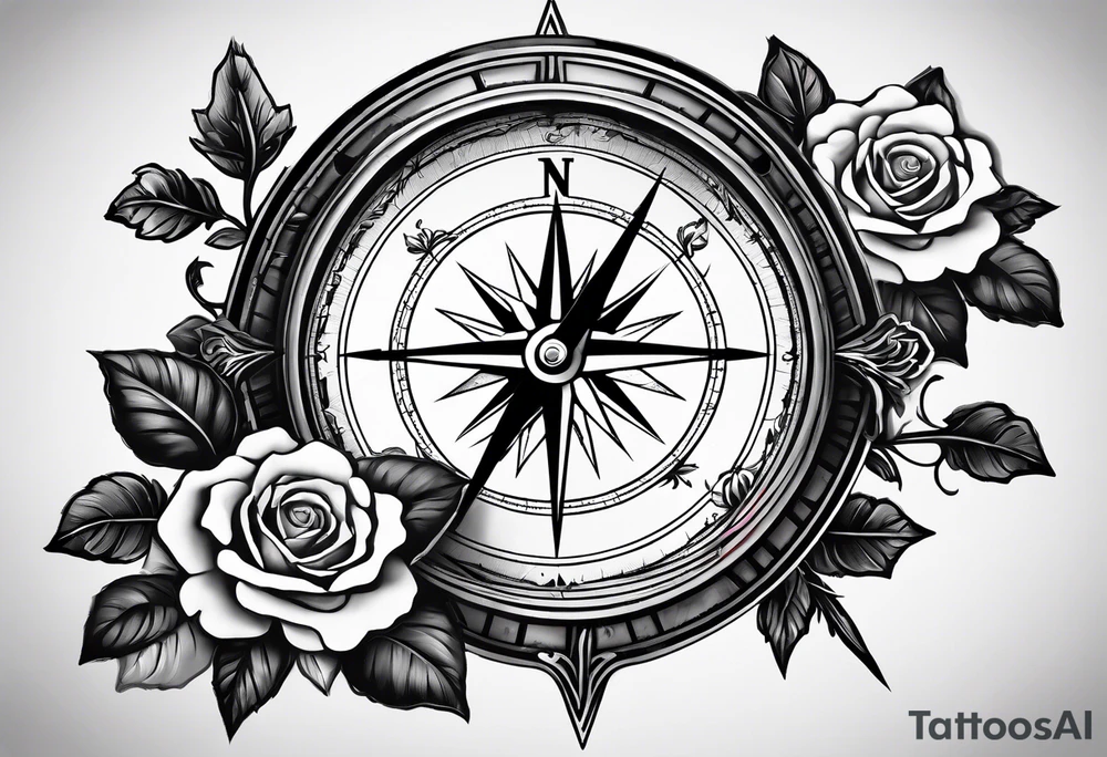 I want a compass that is encompassed by a rose, the arrow is between N and E and switch N for an M and W for an U tattoo idea