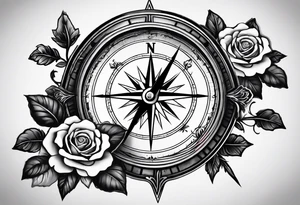 I want a compass that is encompassed by a rose, the arrow is between N and E and switch N for an M and W for an U tattoo idea